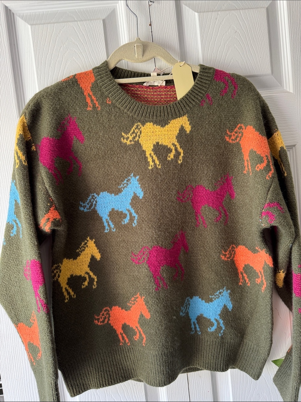 JODIFL Olive Crewneck Sweater with Multicolor Horse Motif